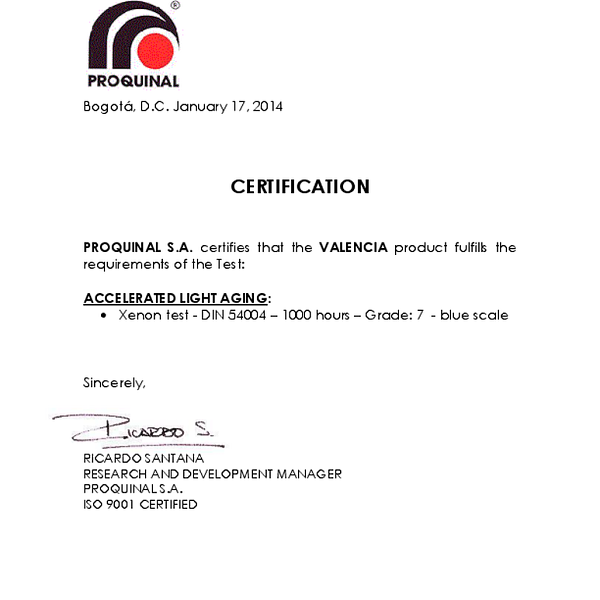 valencia - odpornosc swiatlo oswiadczenie xenon test DIN 54004